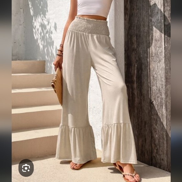 Linen/Rayon Elegant Neutral Cream Wide-Leg Bell Pants Elastic Waist Sz L - Picture 1 of 7